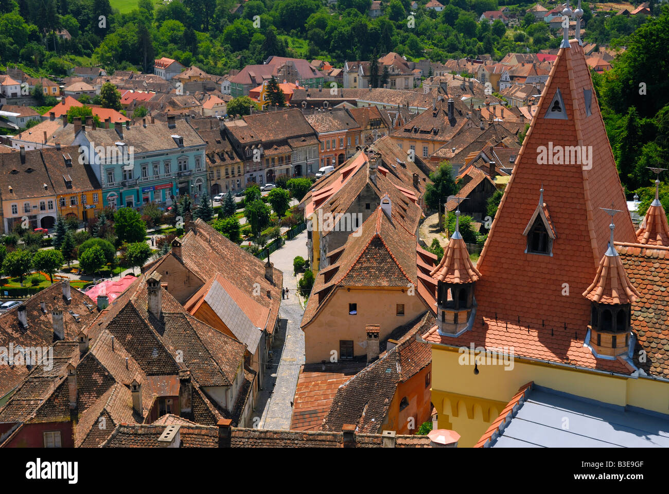 Vista dalla Torre dell Orologio Sighisoara Transilvania Romania Foto Stock