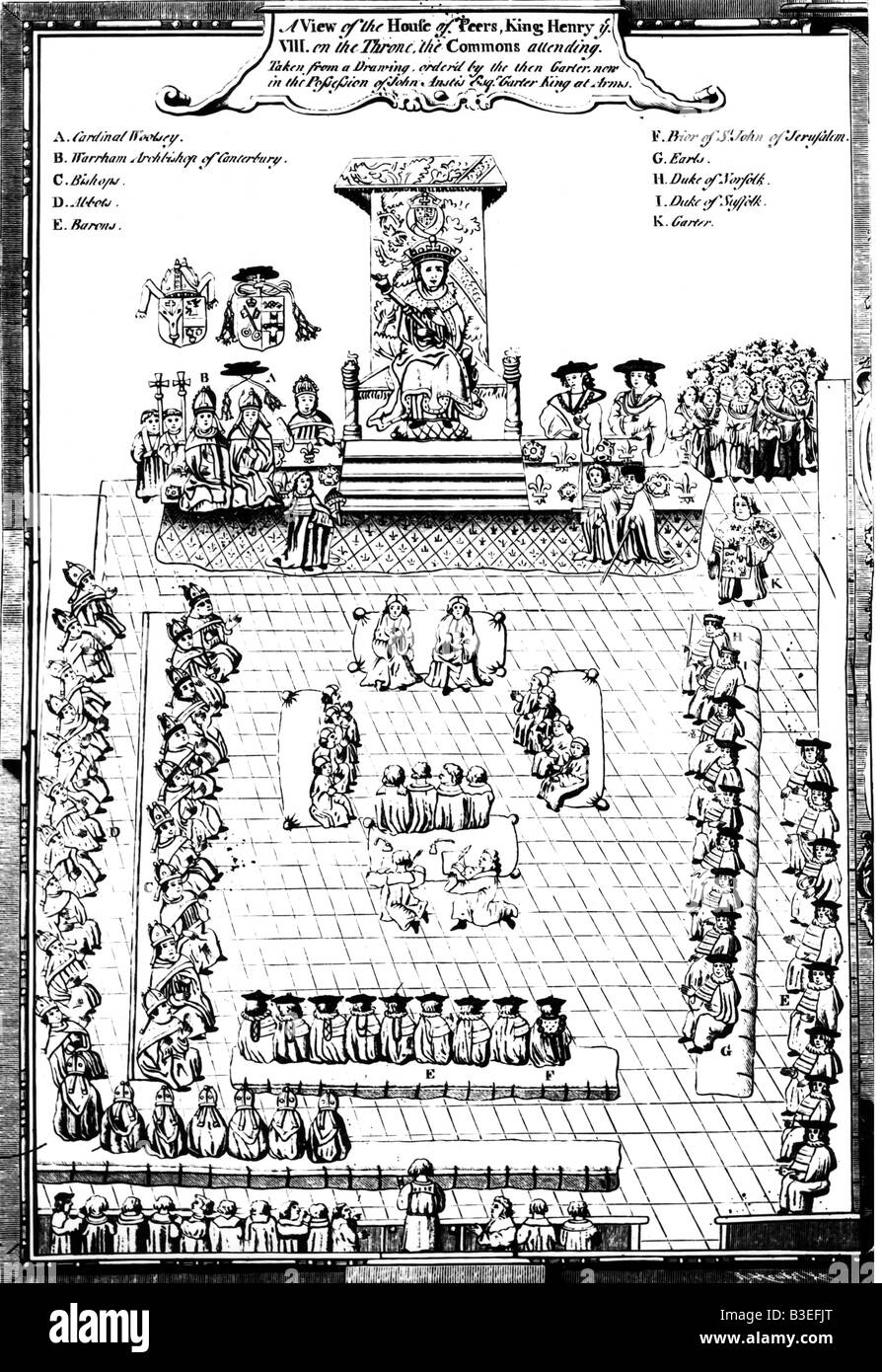 Geografia / viaggio, Gran Bretagna, politica, parlamento, sessione della Camera dei Lord con il re Enrico VIII, incisione del legno dopo il drawinf, circa 1530, Foto Stock