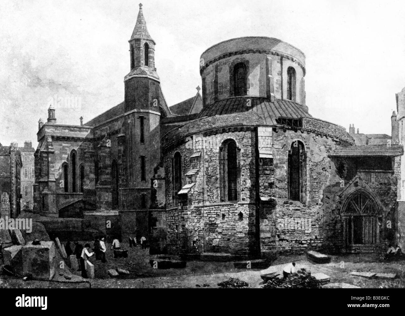 Geografia / viaggio, Gran Bretagna, Londra, chiese, Chiesa del Tempio, (costruito 1185 da Cavalieri Templari), vista esterna, dopo la pittura, 19th secolo, storico, storico, Medioevo, medievale, chiesa gotica, religione, cristianesimo, persone, medievale, Foto Stock