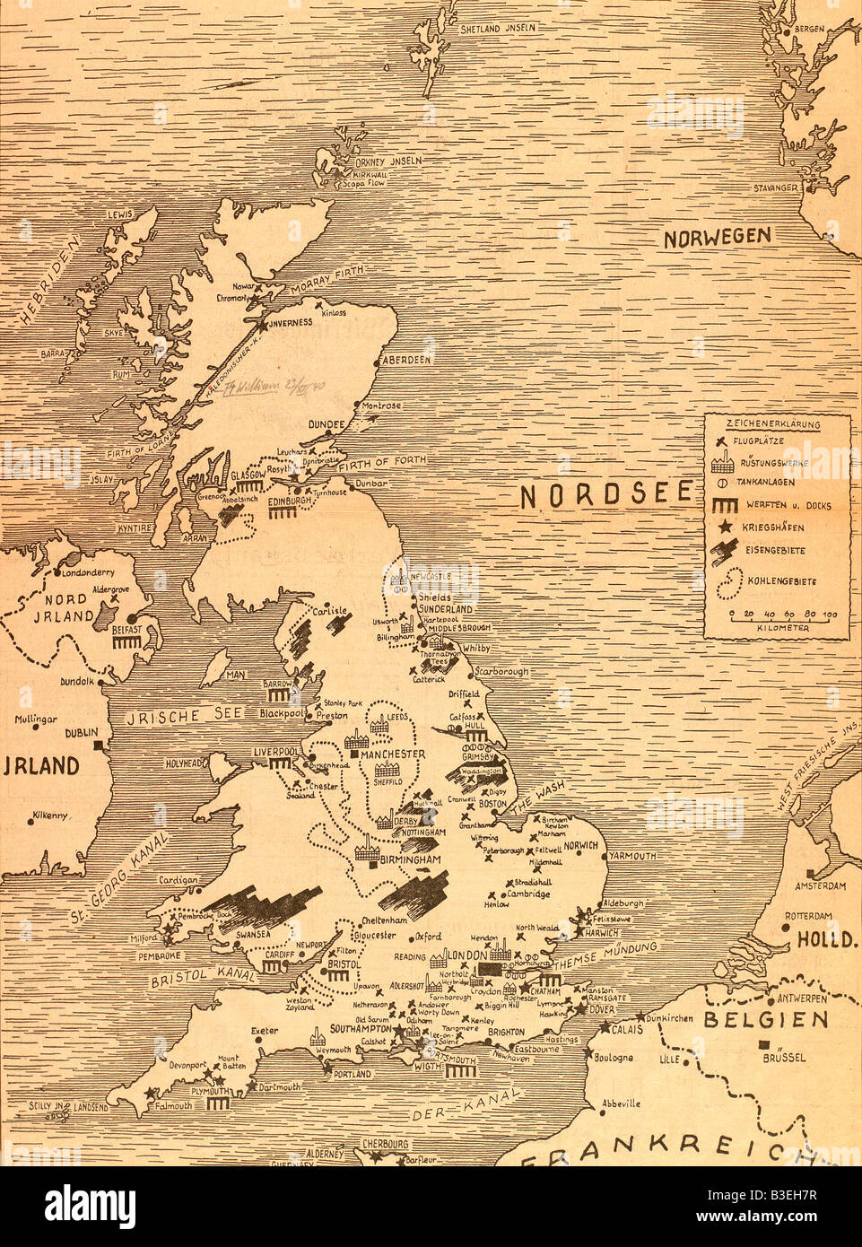 Mappa della Gran Bretagna che mostra gli obiettivi Foto Stock