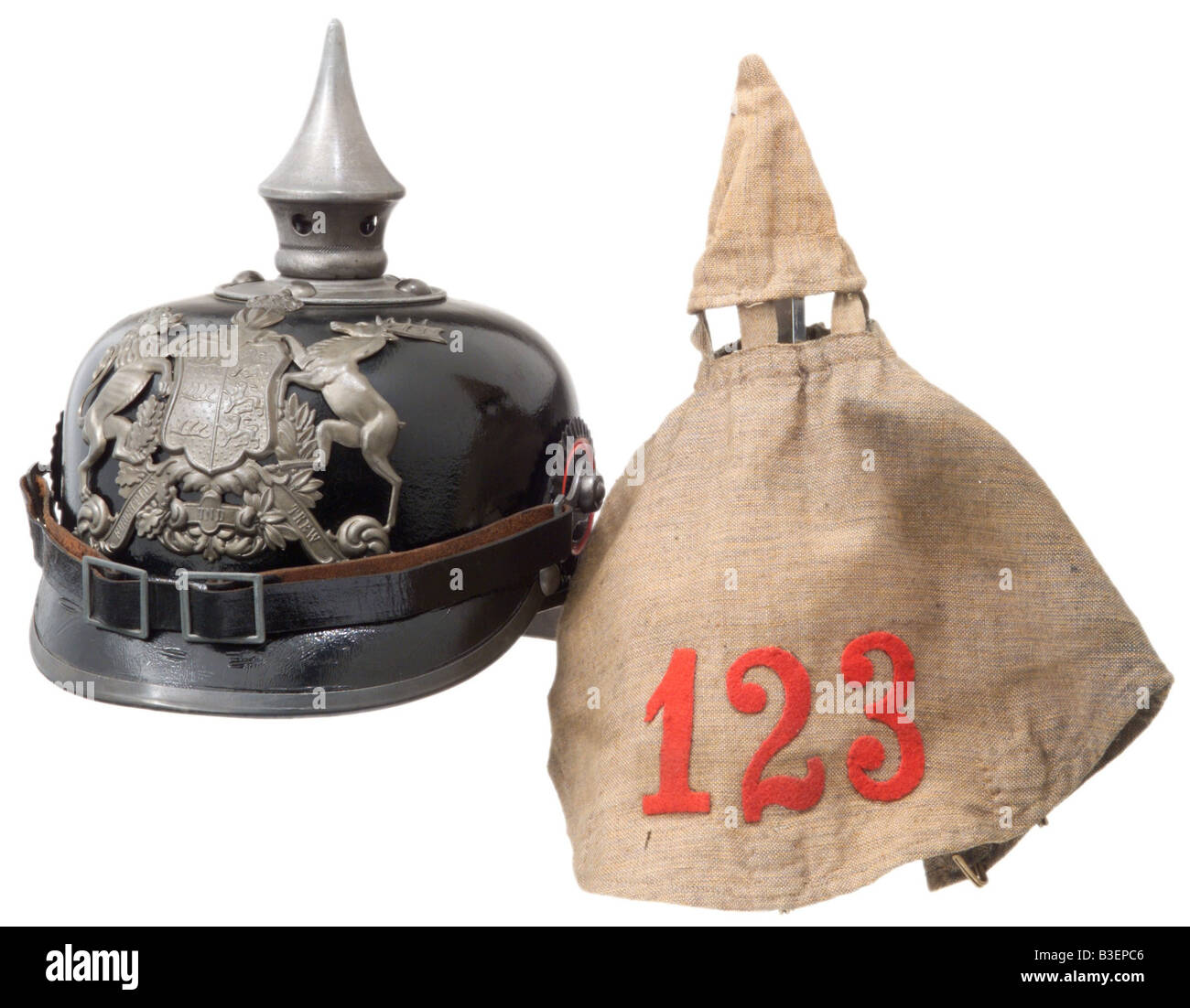 Armi/armi, armi di protezione, caschi, casco in pelle per uomini arruolati del reggimento di fanteria tedesco 123, typ 1915, Pickelhaube, casco zeppato, cavalleria, Germania, , Foto Stock