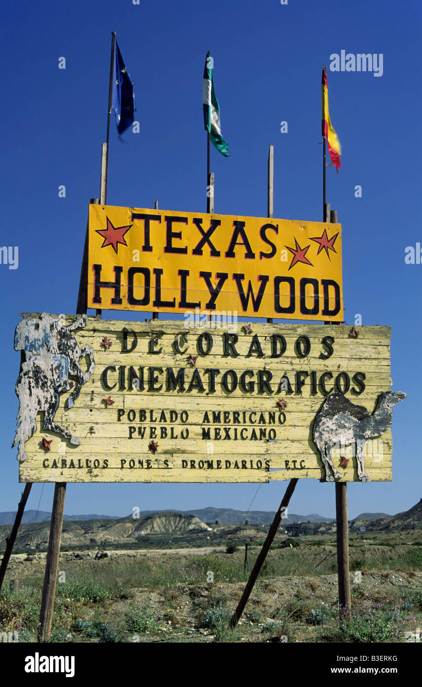 Entrata indicazioni per filmsets per film western a Mini Hollywood vicino a Almeria Andalusia Provincia di Almeria Spagna Foto Stock
