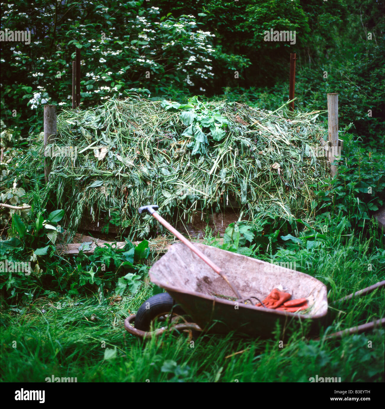 Composter di tagli di erba, carriola, forcella e guanti da giardinaggio in un auto-sufficienti giardino Brecon Galles Wales UK KATHY DEWITT Foto Stock