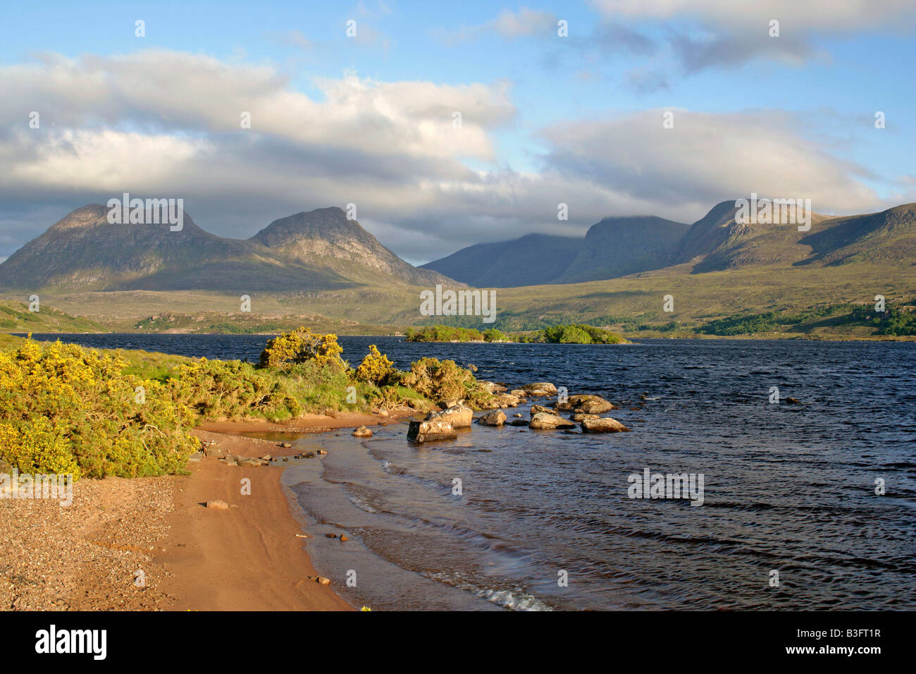 Scenario vista dalle sponde del Loch Lurgainn verso Cul Beag e Beinn un Eoin con rigogliosi gorse vicino Inverpolly NR Foto Stock
