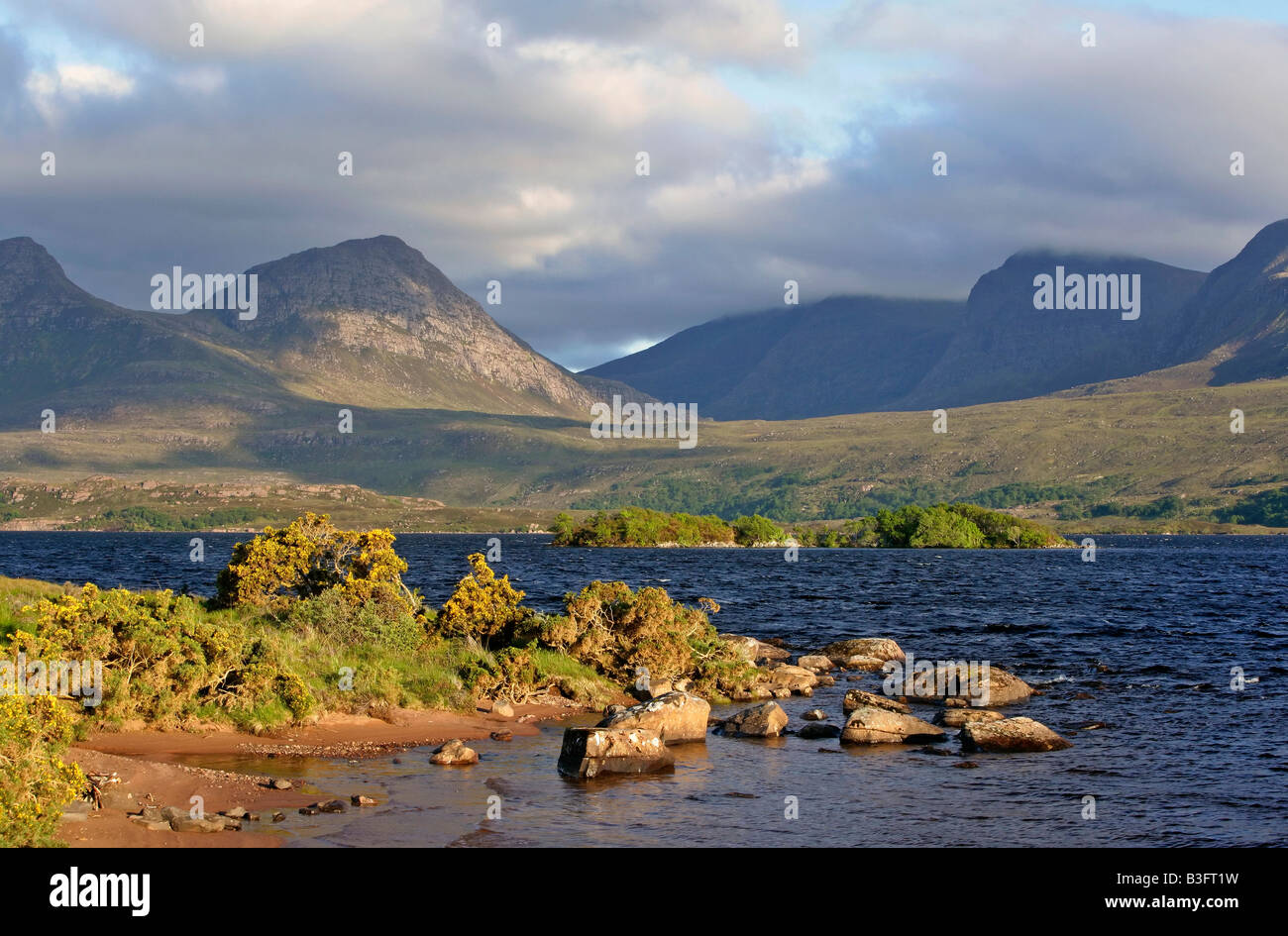 Scenario vista dalle sponde del Loch Lurgainn verso Cul Beag e Beinn un Eoin con rigogliosi gorse vicino Inverpolly NR Foto Stock