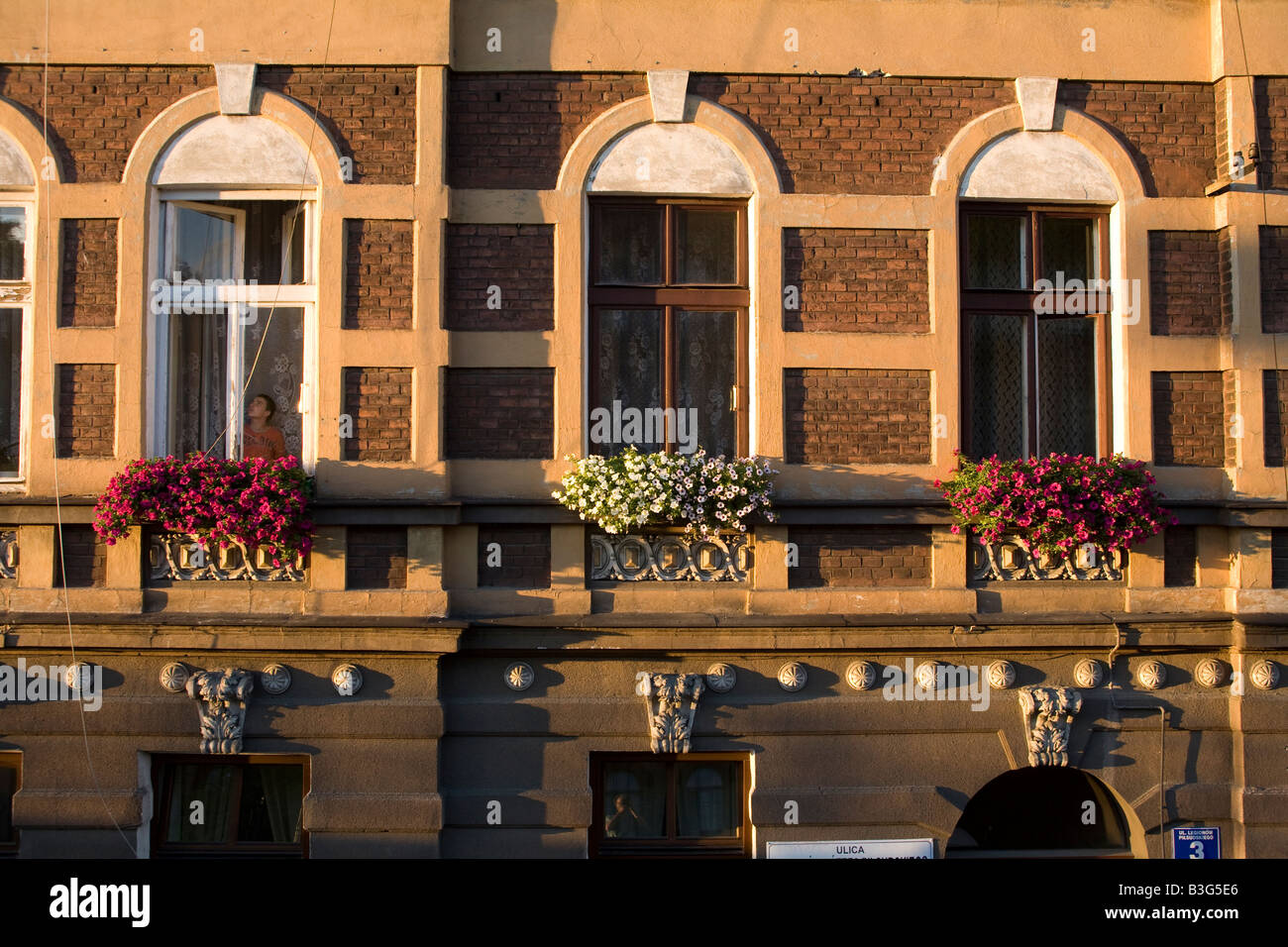 Cracovia fioriere sono una visione comune al di fuori di edificio di appartamenti windows in tutta la Polonia Foto Stock