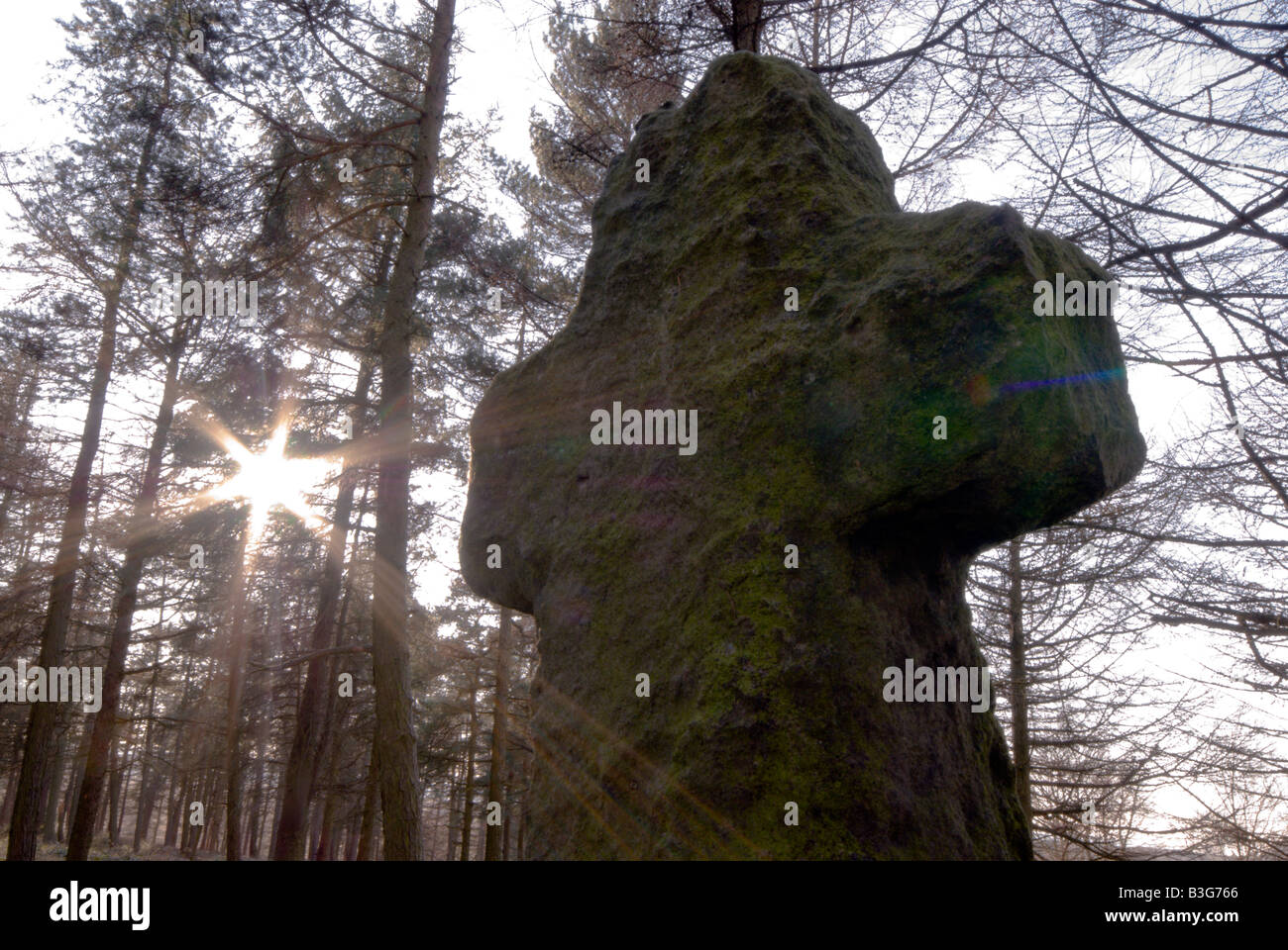 'Shillito Croce' un antico in pietra croce in legno Shillito Ramsley Moor nel Derbyshire "Gran Bretagna" Foto Stock