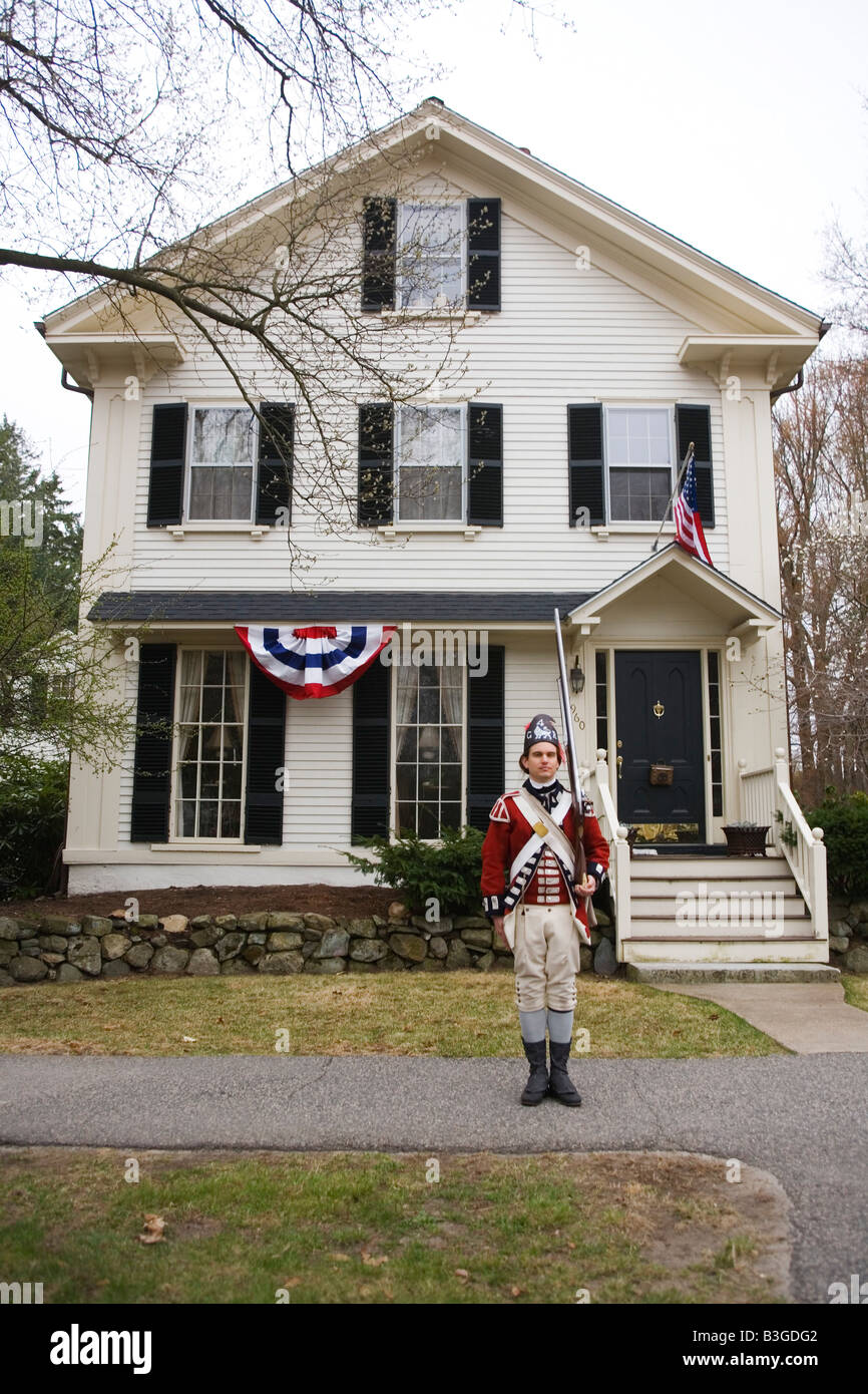 I patrioti giorno guerra rivoluzionaria rievocazione storica sulla Lexington Green Lexington Massachusetts Foto Stock