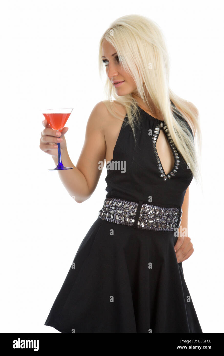 Attraente ragazza con wineglass in mano isolato su bianco Foto Stock