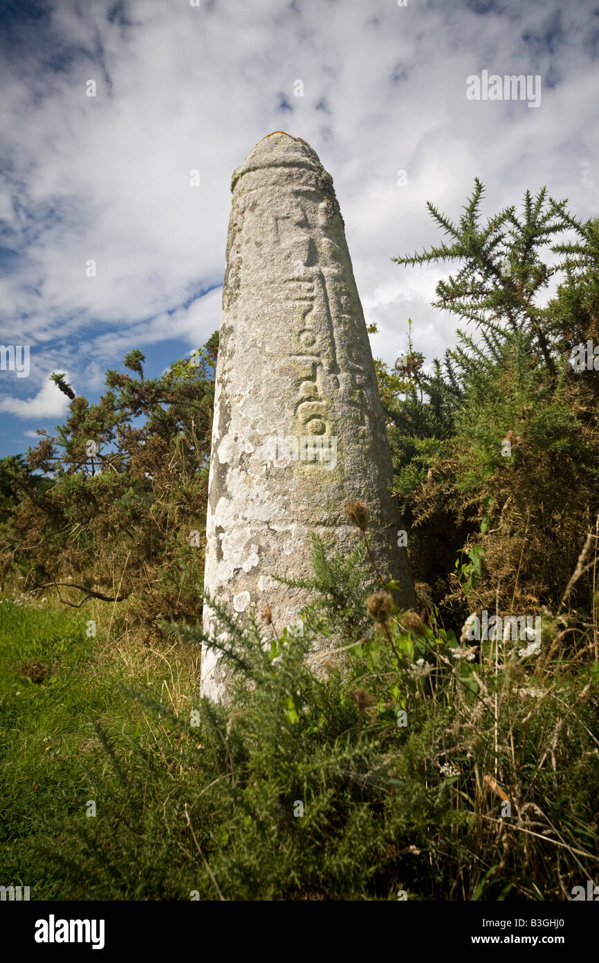 Il Prostlon convertito al cristianesimo stele, a Pen-er-Pont (Bretagna). Stèle christianisée, dite stèle de Prostlon (Morbihan). Foto Stock