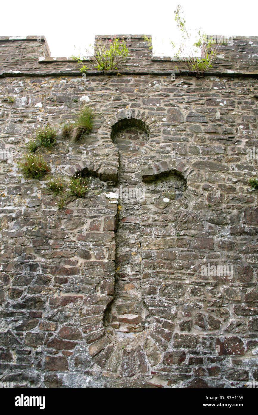 Croce incassata in un antico muro di pietra presso il sito di resti del castello normanno, 'Vecchia Gerusalemme' , grande Torrington, North Devon. Foto Stock
