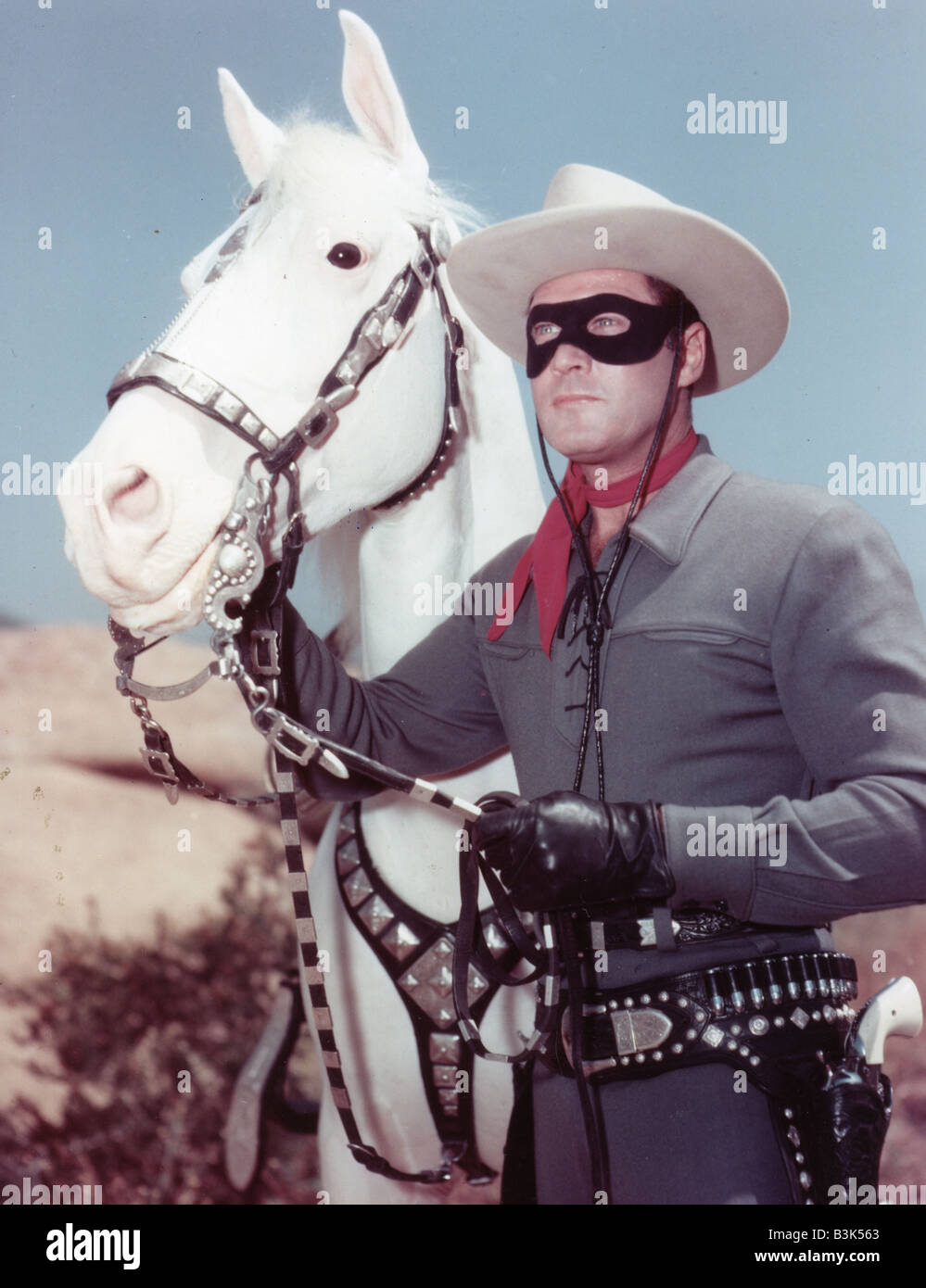 Il Lone Ranger US serie TV che correva da 1949 a 1957 con Clayton Moore e il suo cavallo argento Foto Stock