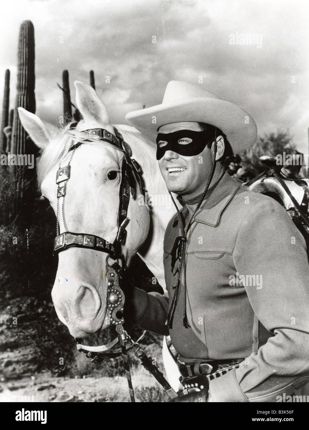 Il Lone Ranger US serie TV che correva da 1949 a 1957 con Clayton Moore e il suo cavallo argento Foto Stock