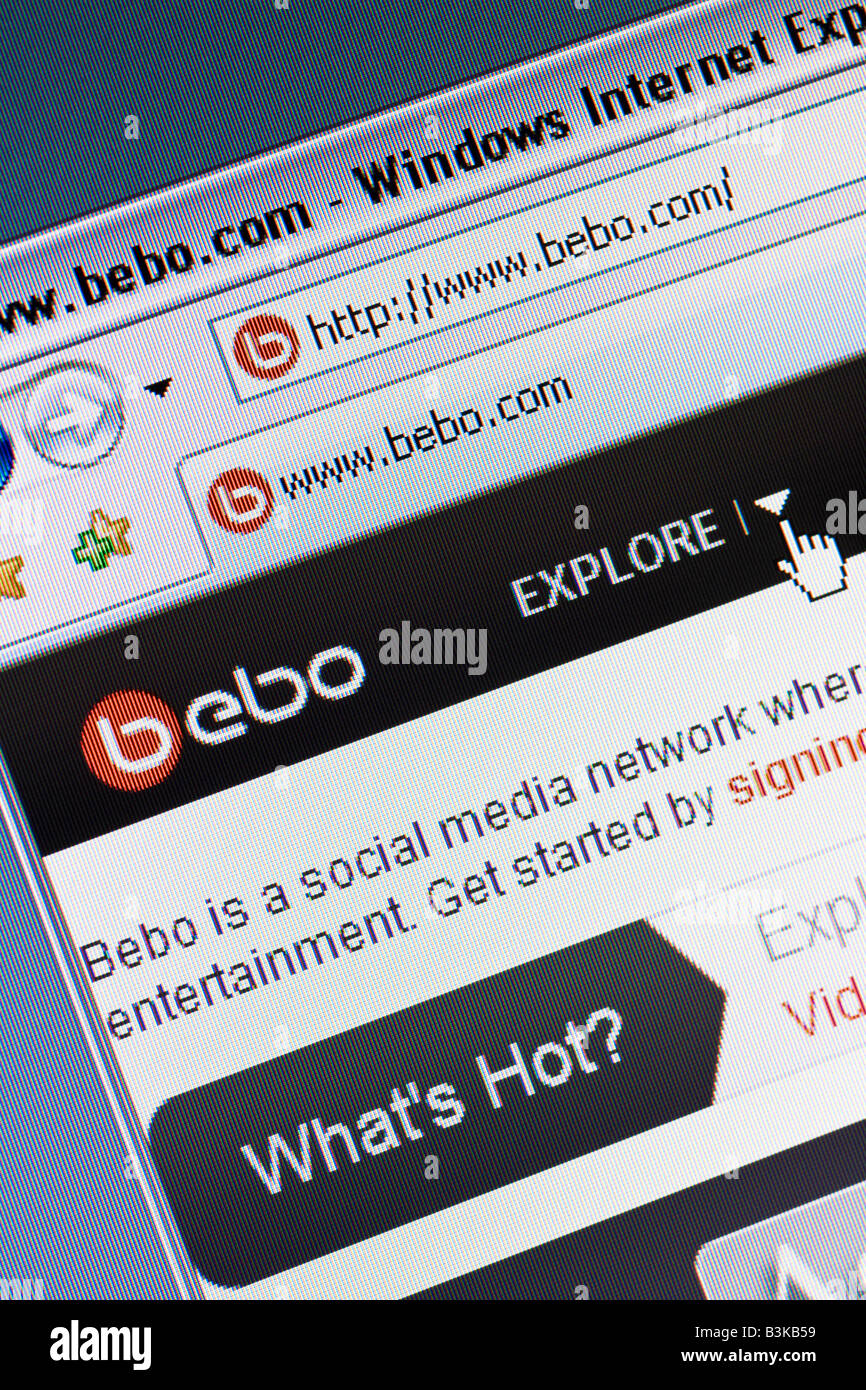 Bebo sito di social networking splash screen e il logo Foto Stock