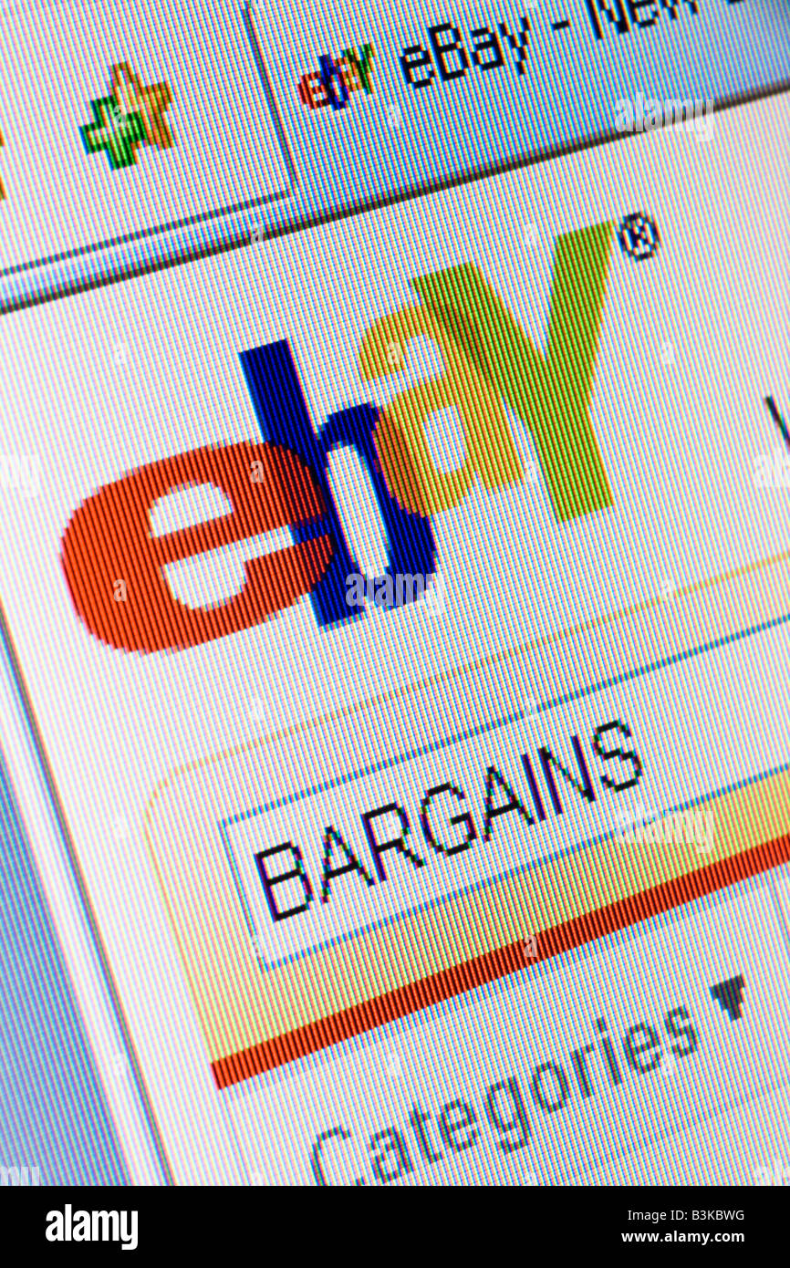Sito web di Ebay splash screen e il logo mostra ricerca di occasioni Foto Stock