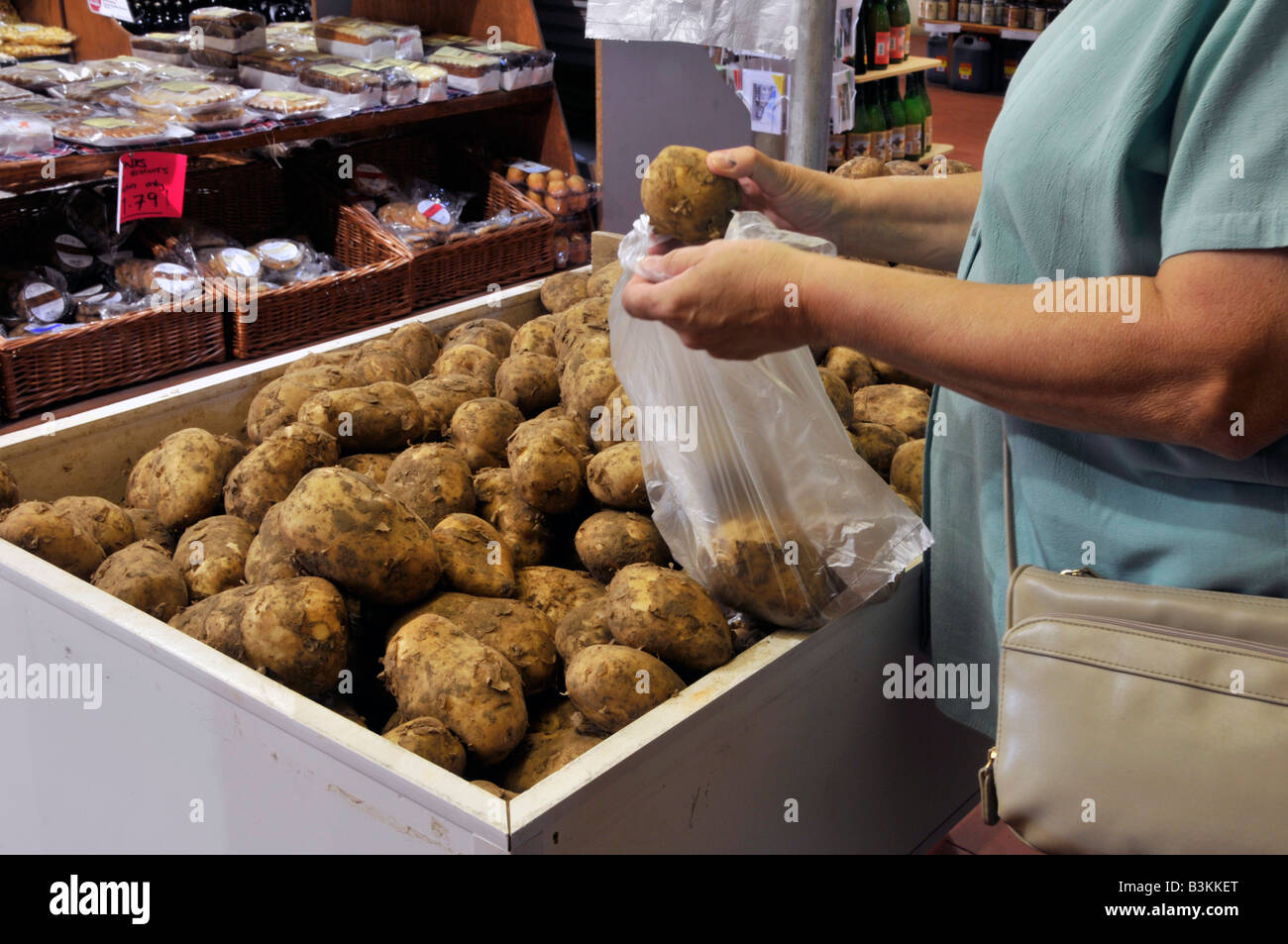 Interno del retail farm shop produrre sul display donna self serving Pentland giavellotto patate Foto Stock