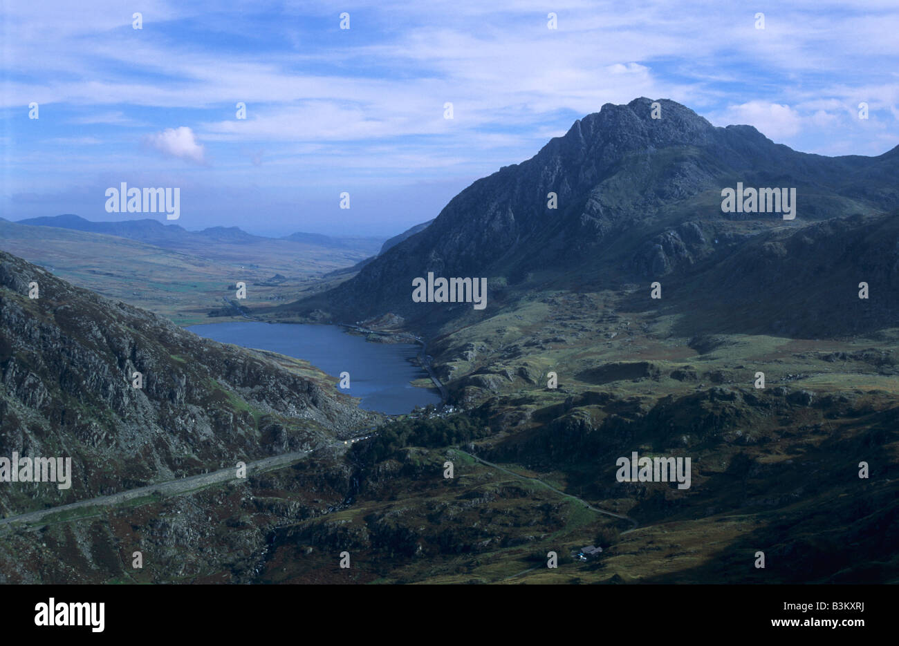 Tryfan e la valle Ogwen di Snowdonia Foto Stock