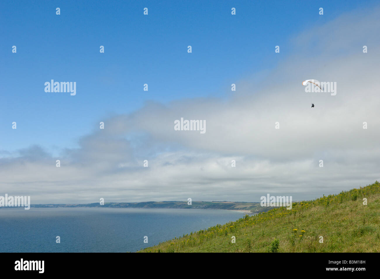 Un parapendio vola lungo le scogliere a Polhawn Whitsand Bay Torpoint Cornovaglia Gran Bretagna Foto Stock