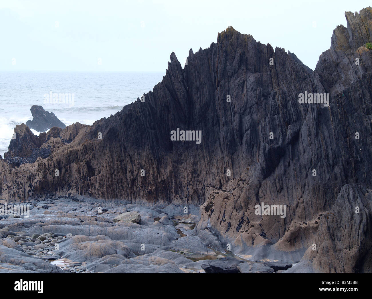 Drammaticamente rocce frastagliate che sono state erose dal mare sulla costa del North Cornwall, Regno Unito. Foto Stock