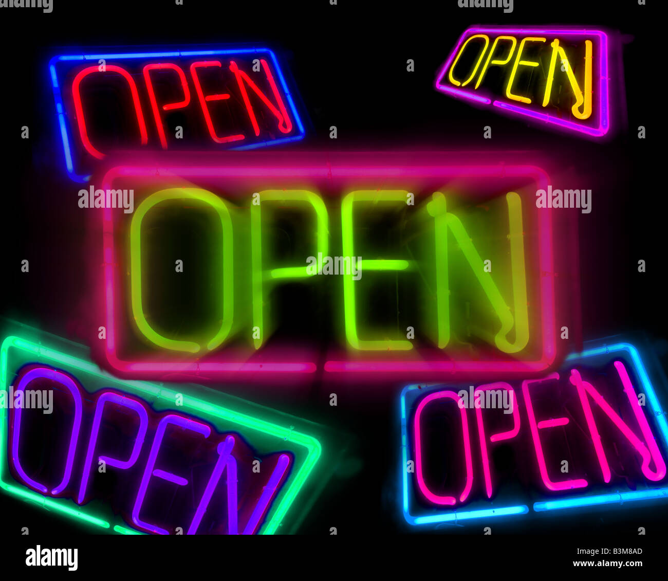 Aprire segni aprire le insegne al neon Foto Stock