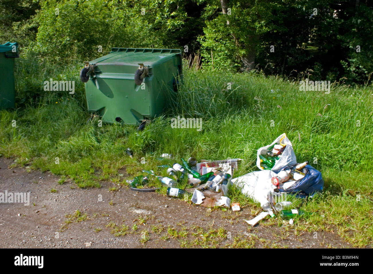 Rifiuti verdi contenitore rovesciato e lettiere sparse Foto Stock