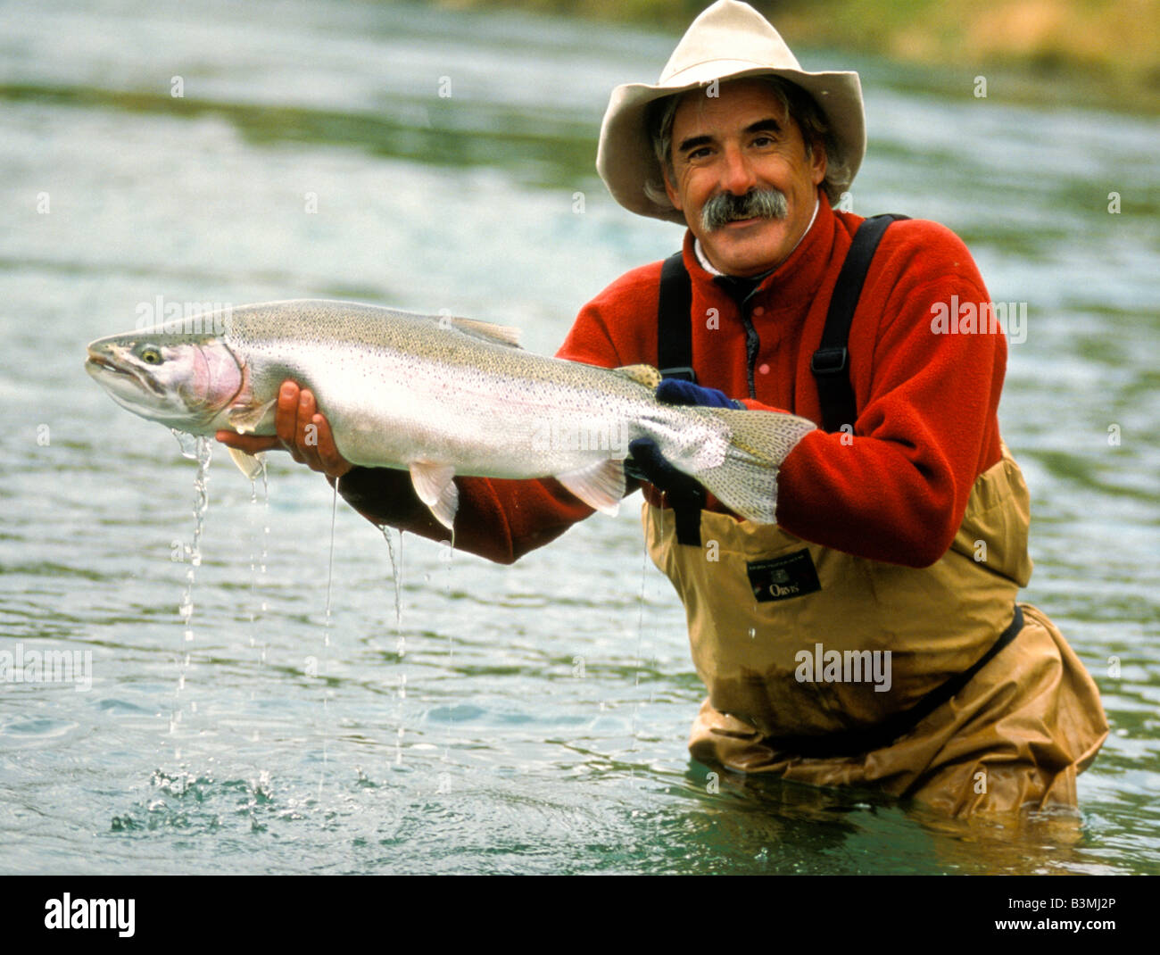 A SUD-OVEST DI ALASKA Felice pescatore rilasciando le trote grosse arcobaleno nel fiume Naknek vicino a King Samon Foto Stock