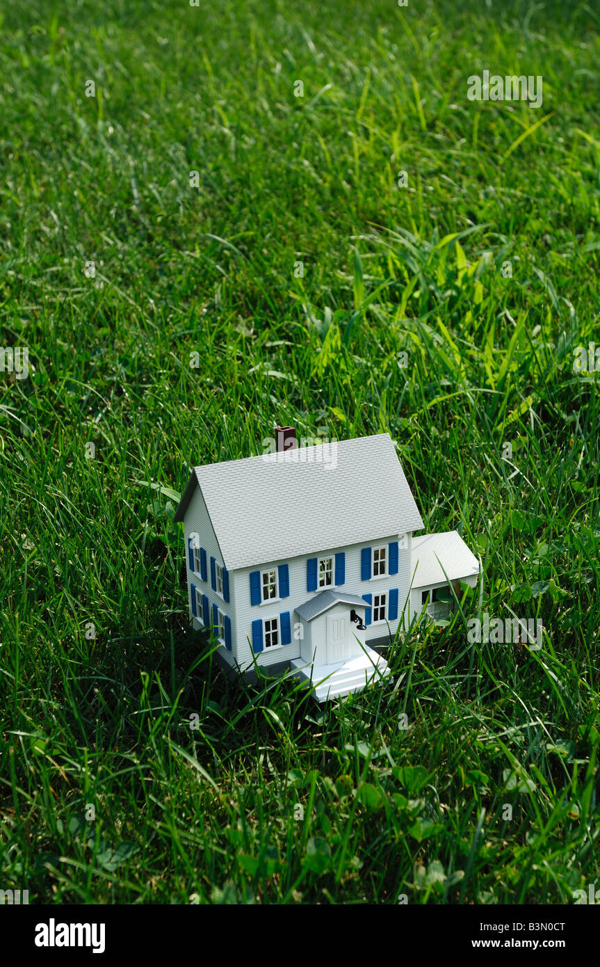 Un piccolo modello di plastica casa in vera erba verde Foto Stock