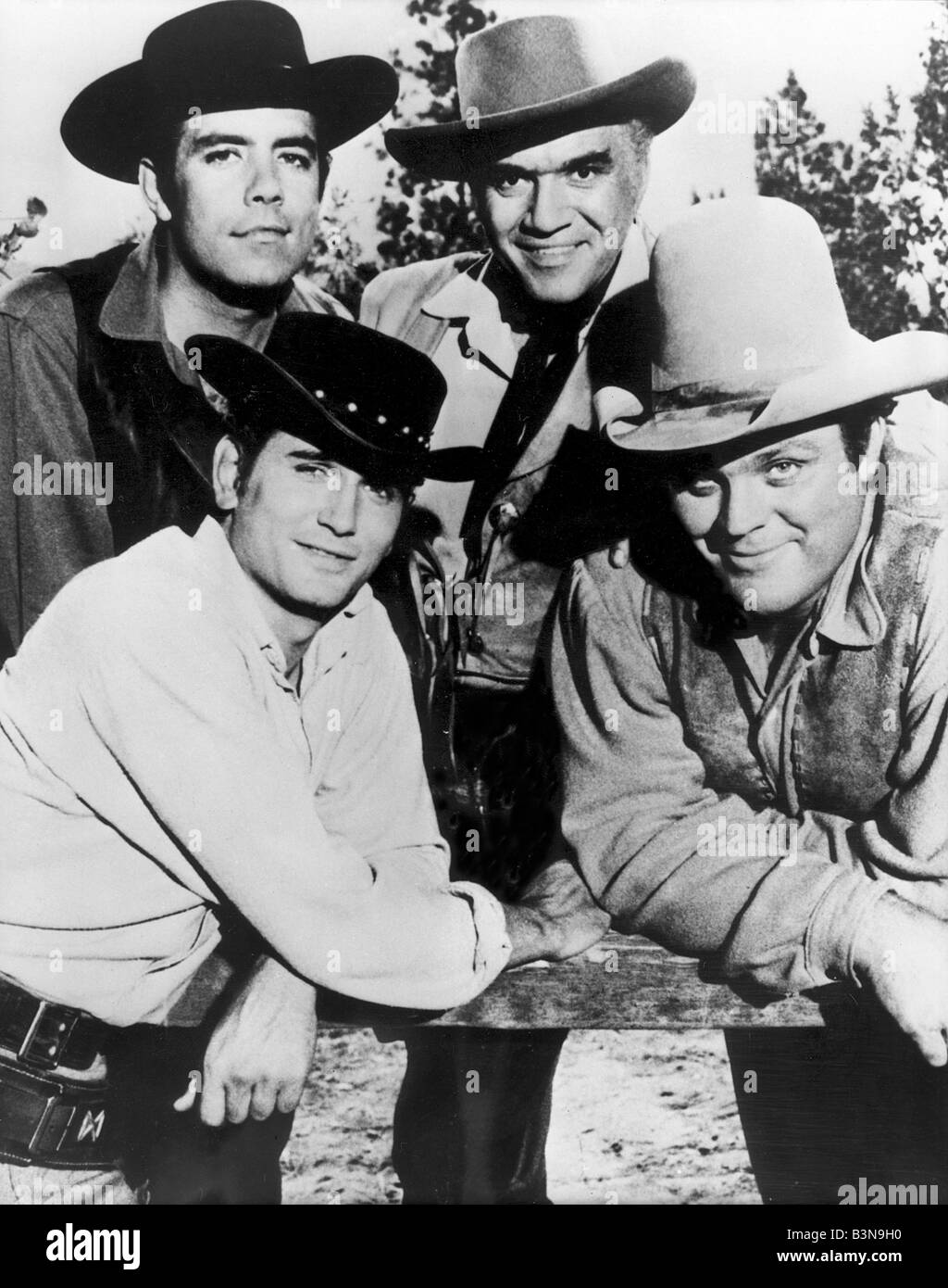 BONANZA US serie TV con in senso orario dalla posizione in alto a sinistra: Michael Landon, Lorne Greene, Dan Blocker e Adam Cartwright Foto Stock