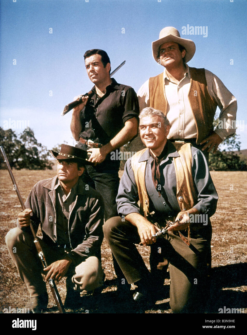 BONANZA US serie TV in senso orario dalla posizione in alto a sinistra: Adam Cartwright, Dan Blocker, Lorne Greene e Michael Landon Foto Stock
