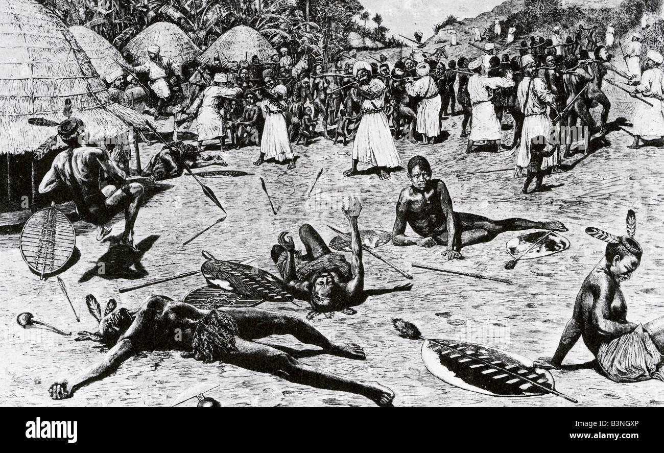 ARAB Slave Traders in un 1888 rivista francese di incisione che mostra il collegamento tra la tratta degli schiavi e le imprese di avorio Foto Stock