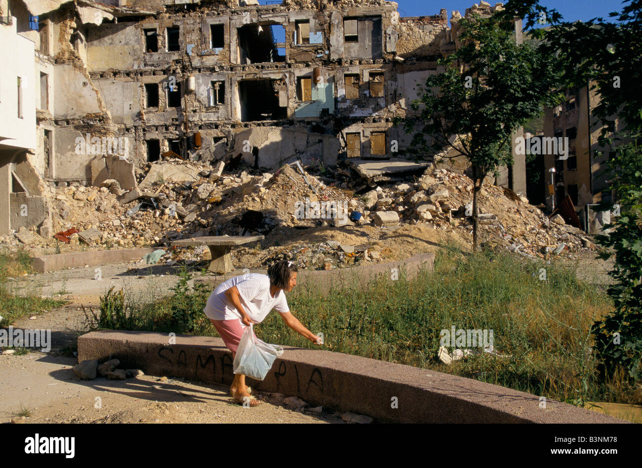 Mostar, giugno 1996", donna raccolta di foglie e di erbe, 1996. Gli edifici portano ancora le cicatrici del conflitto. Foto Stock