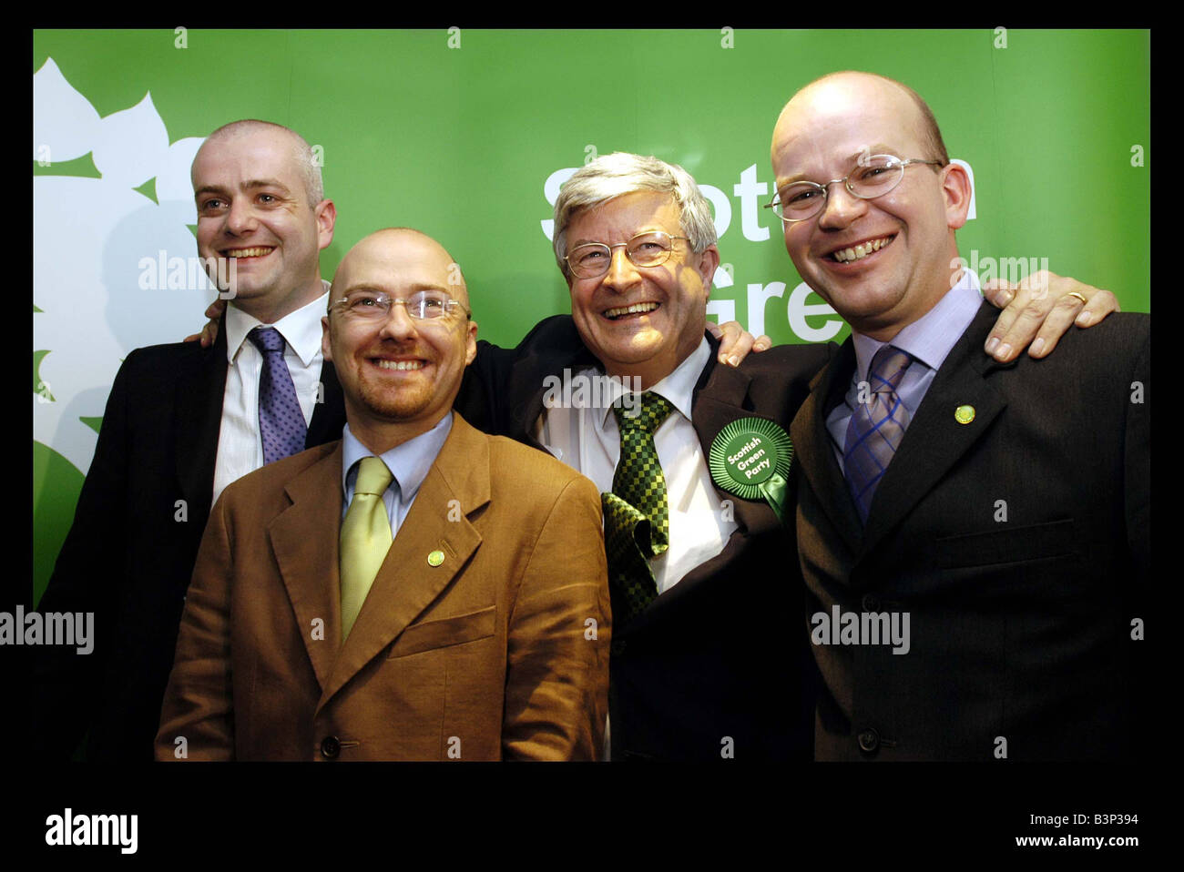 Verde scozzese membri di partito Maggio 2003 Edinburgh L R Patrick Harvey Mark Ruskell Robin Harper e Mark Ballard Foto Stock