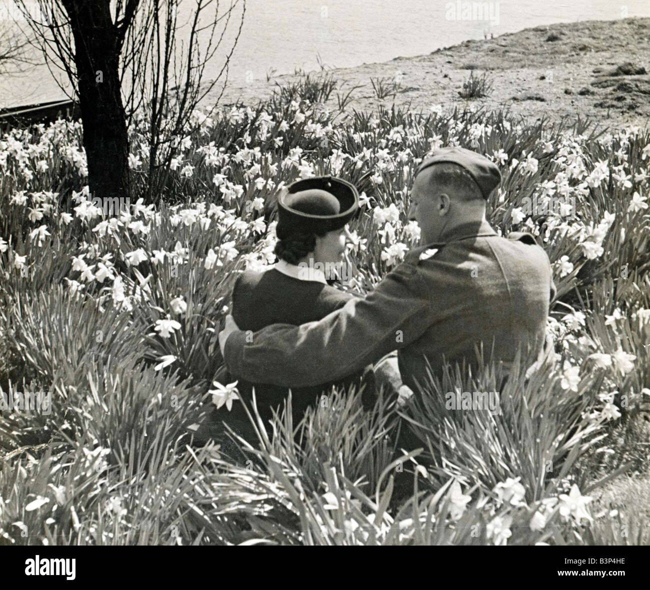 Soldato britannico in congedo e la sua ragazza seduta tra i narcisi in Kensington Gardens LONDRA Foto Stock
