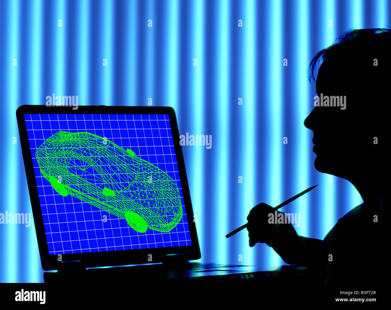 Studio tecnico di computer generato wire frame di immagine auto sul computer portatile Foto Stock