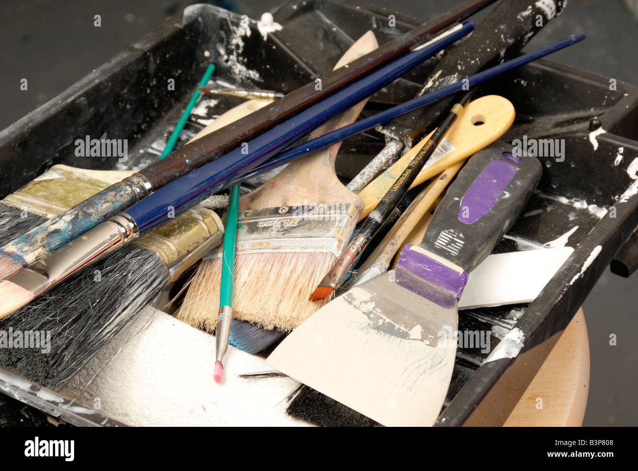 Selezione di un artista pennelli per dipingere nel vassoio Foto Stock