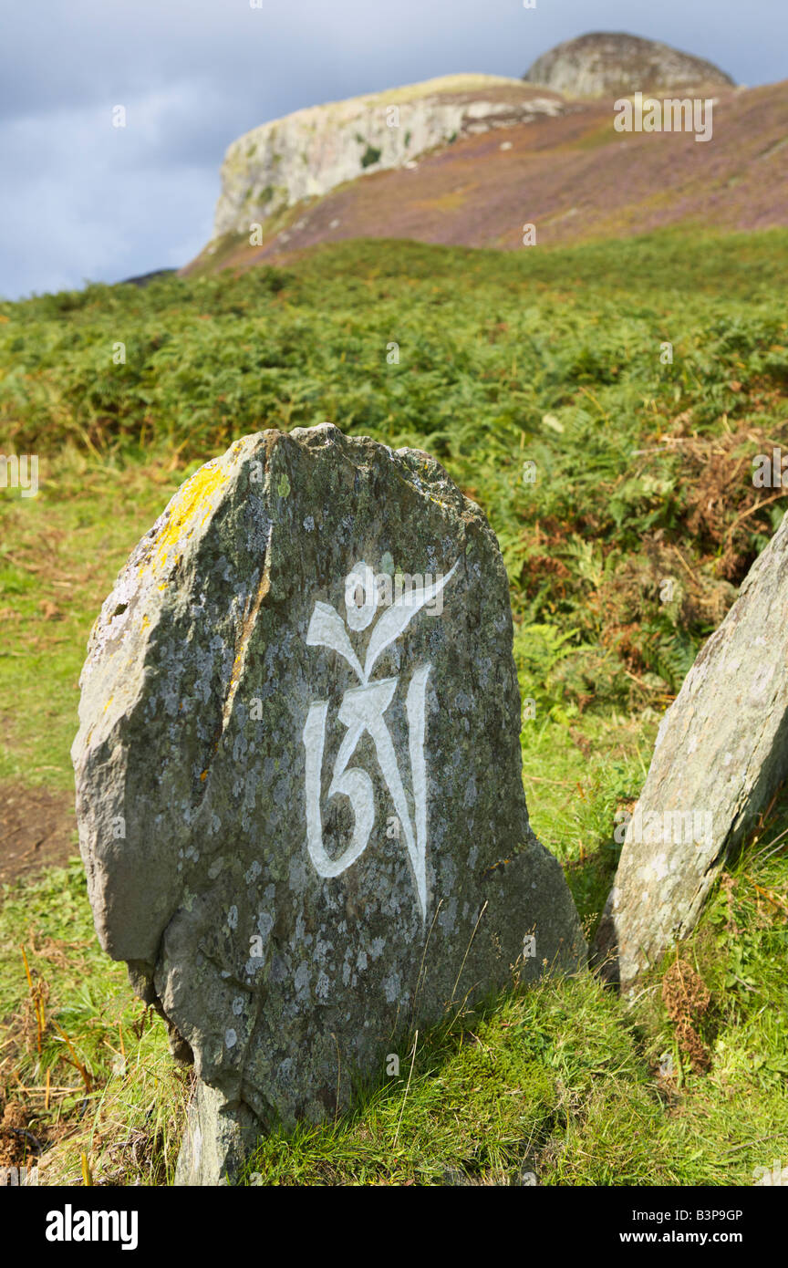 Il primo simbolo del mantra buddista, OM MANI PADME HUM, Isola Santa, Isle of Arran, North Ayrshire, in Scozia, Regno Unito. Foto Stock
