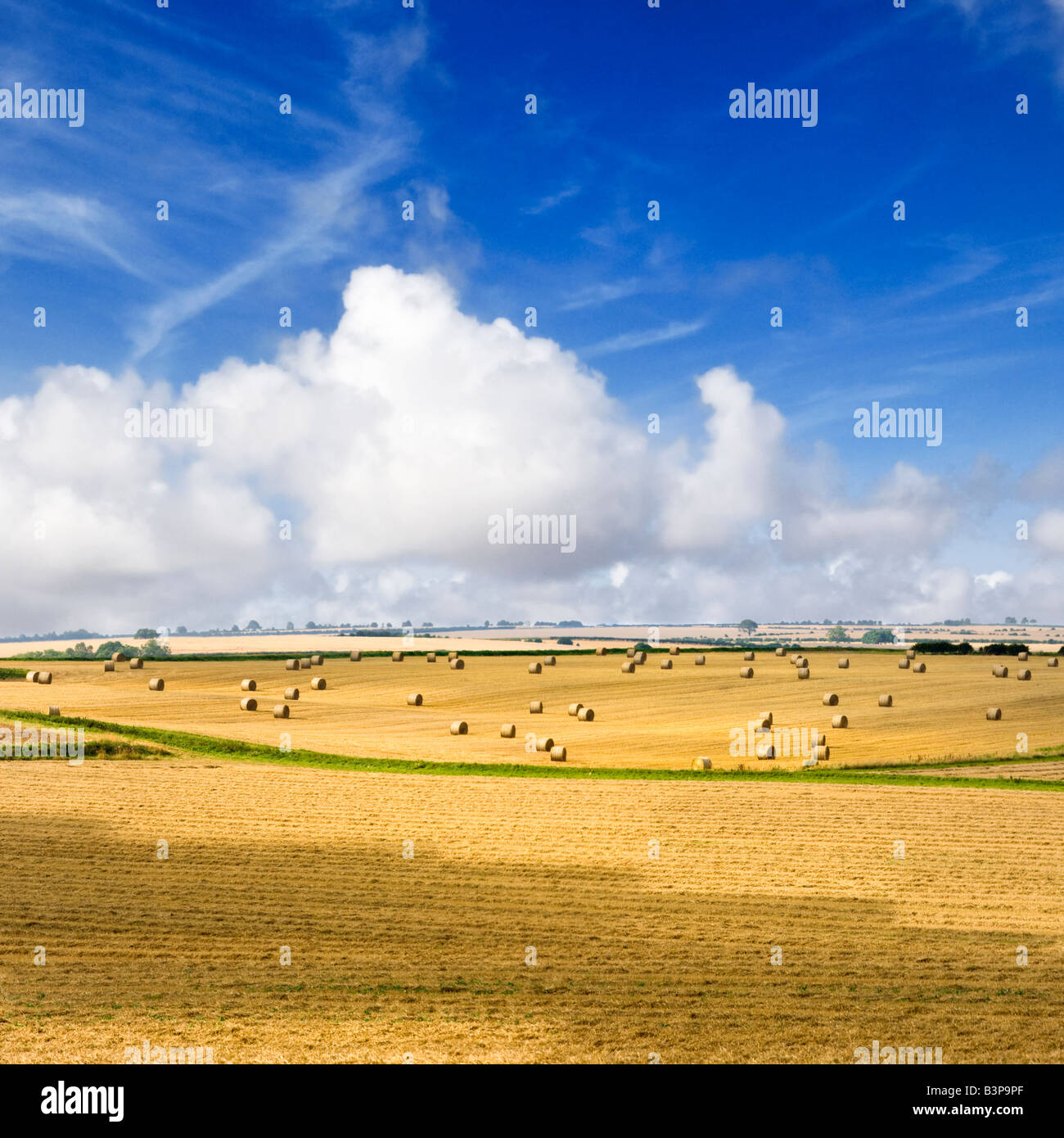Campagna inglese paesaggio del Regno Unito - balle di fieno e colline ondulate del Lincolnshire Wolds, Inghilterra Foto Stock