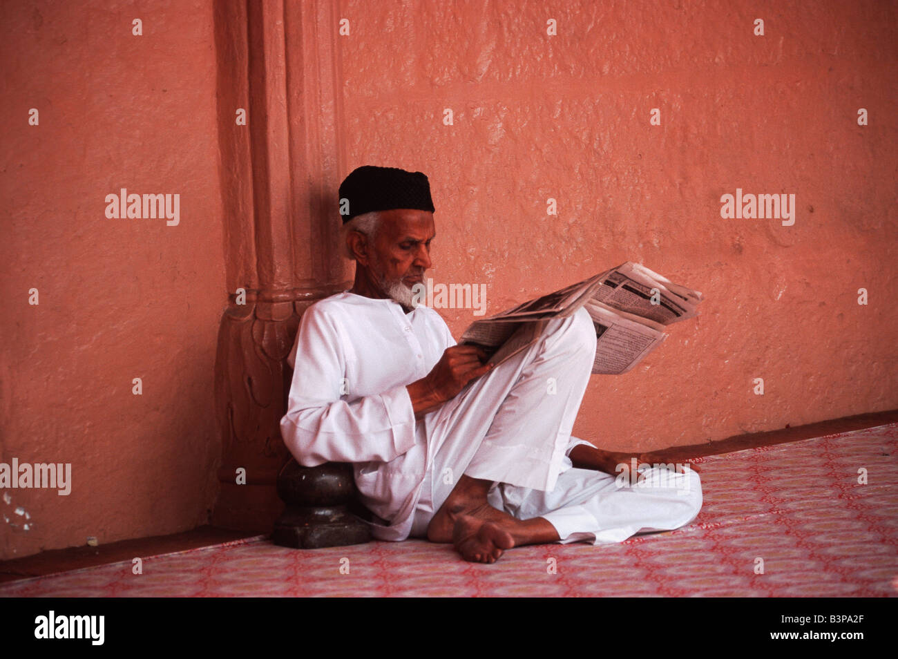 Ritratto Rajpute uomo quotidiano di lettura con barba e un turban Rajasthan India Asia Foto Stock