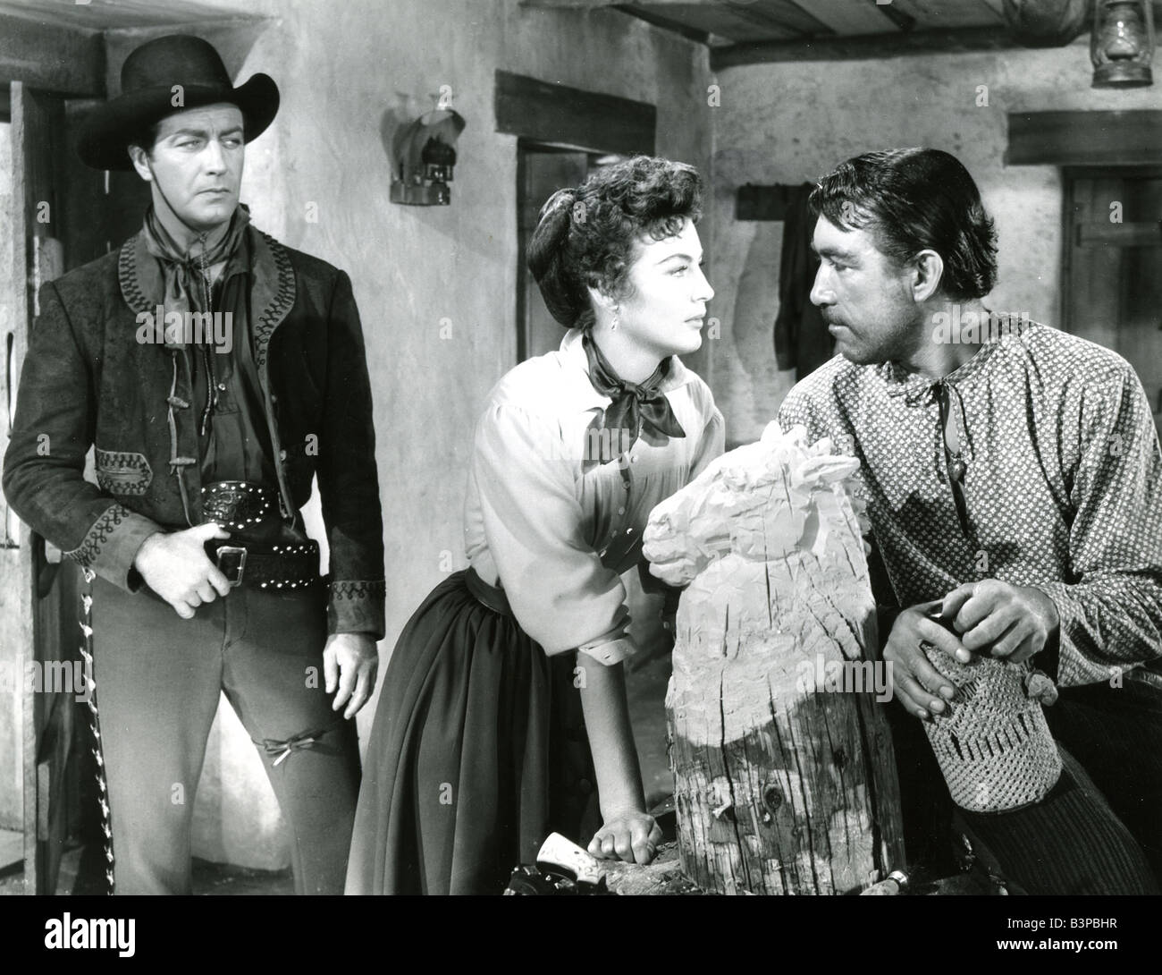 RIDE VAQUERO 1953 MGM film con da sinistra Robert Taylor Ava Gardner e Anthony Quinn Foto Stock