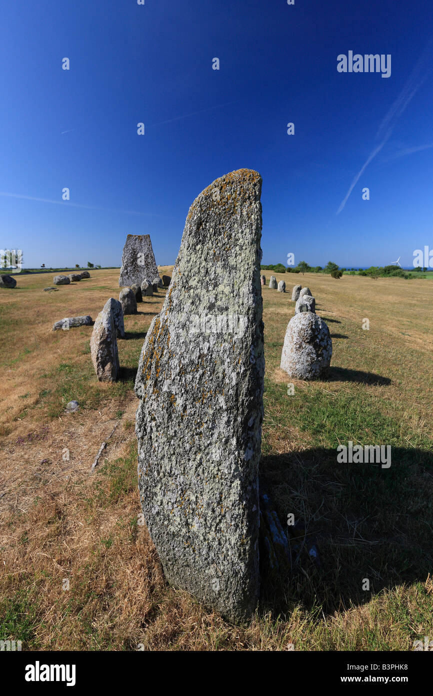 Karums Alvar, Viking nave di pietra sepoltura, Oeland, contea di Kalmar, in Svezia, in Scandinavia, Europa Foto Stock
