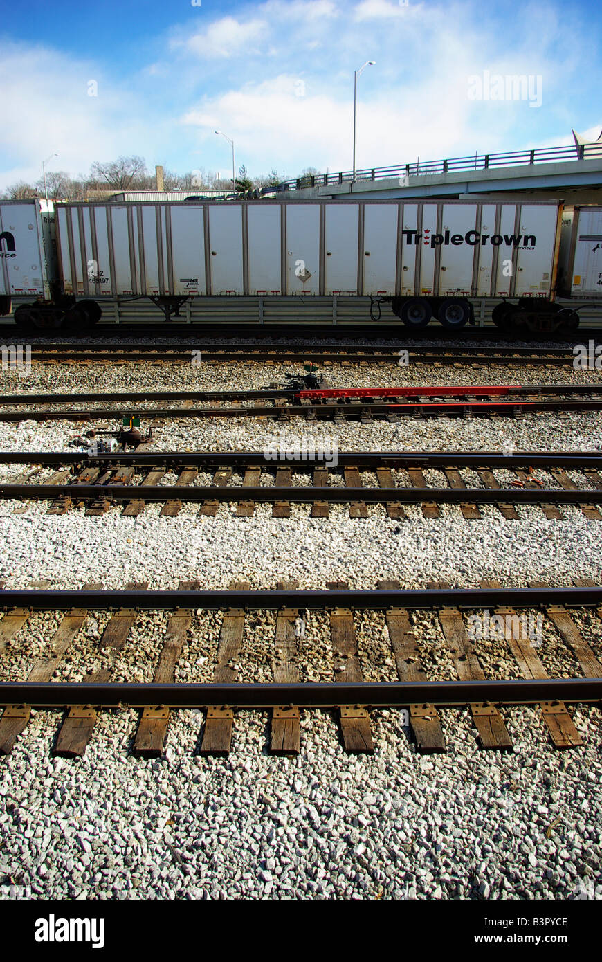 I container per il trasporto merci fermo in un cantiere di commutazione sui binari della ferrovia. Foto Stock