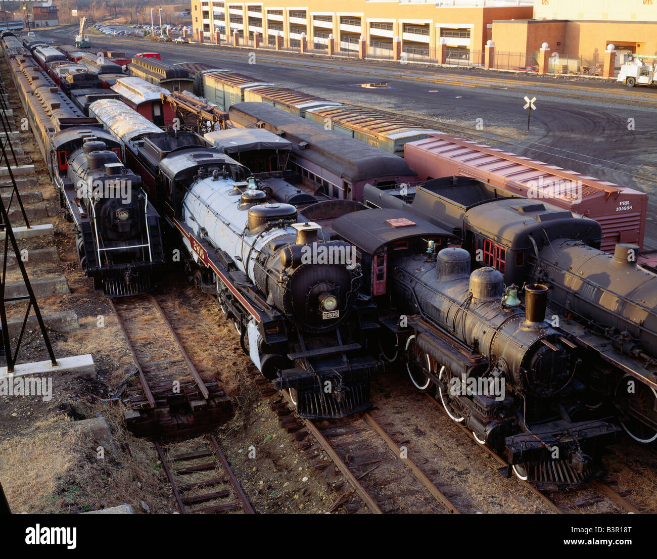 Locomotive e ferrovia strada vetture, STEAMTOWN National Historic Site, Scranton, Pennsylvania, USA, collezione di locomotive Foto Stock