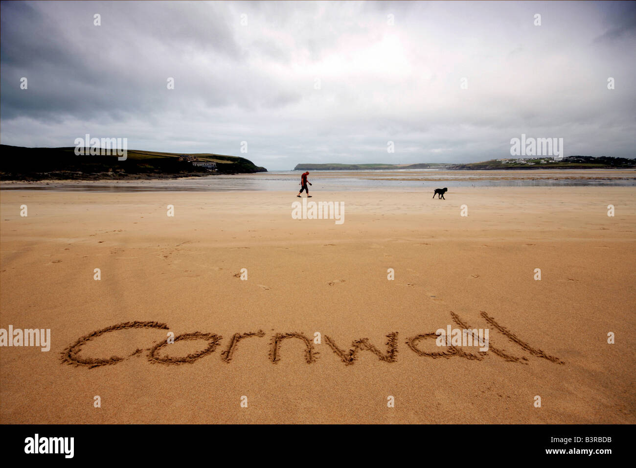 Uomo che cammina sul cane sordo di giorno su una spiaggia della Cornovaglia in estate Foto Stock