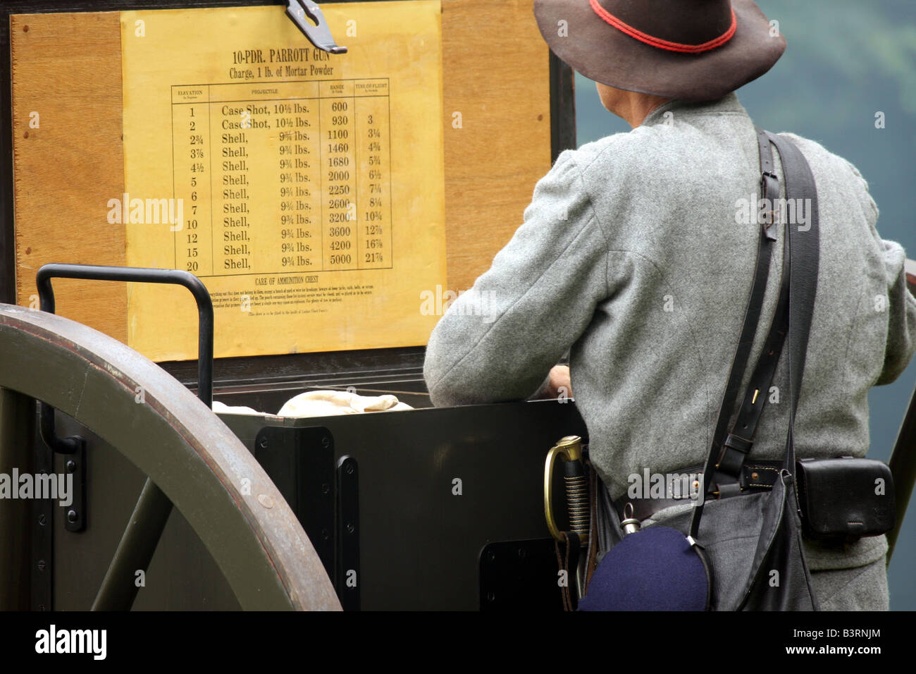 Soldato confederato alla scatola di munizioni durante una battaglia in una guerra civile Encampment Rievocazione Storica Foto Stock