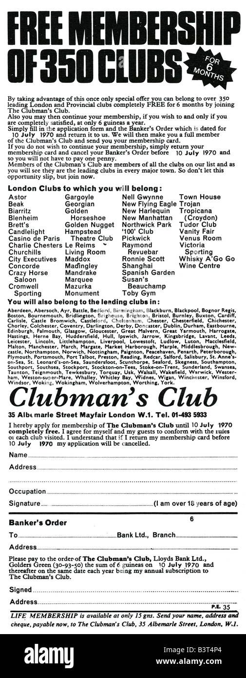 The Clubman's Club annuncio Gennaio 1970. Per solo uso editoriale Foto Stock