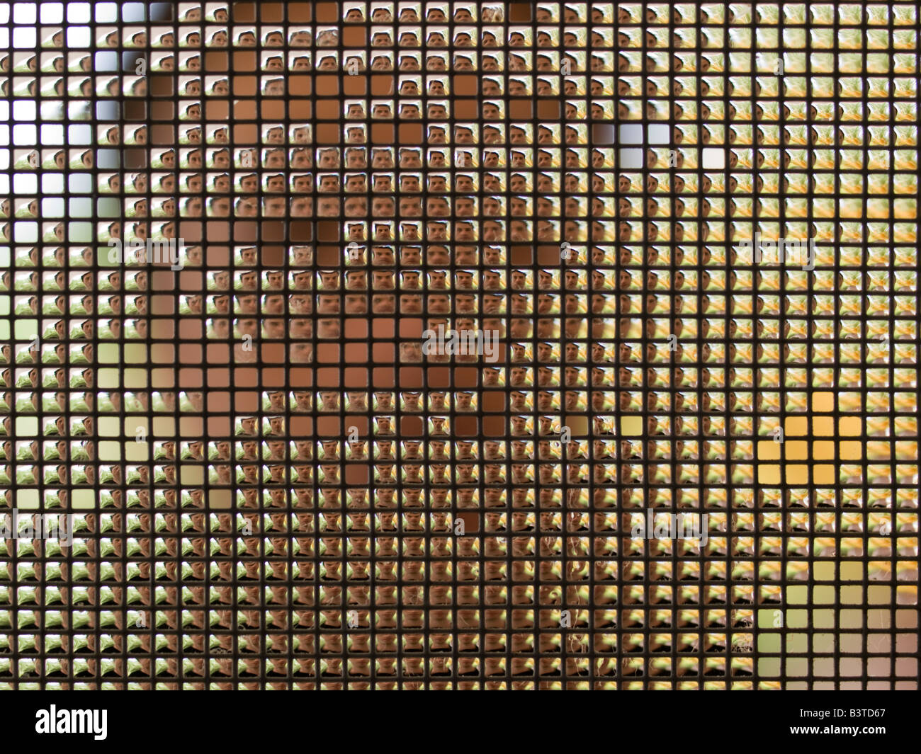 Macro closeup di zanzara mesh in una finestra e acqua che agisce come un micro lente con un mans faccia dietro Foto Stock