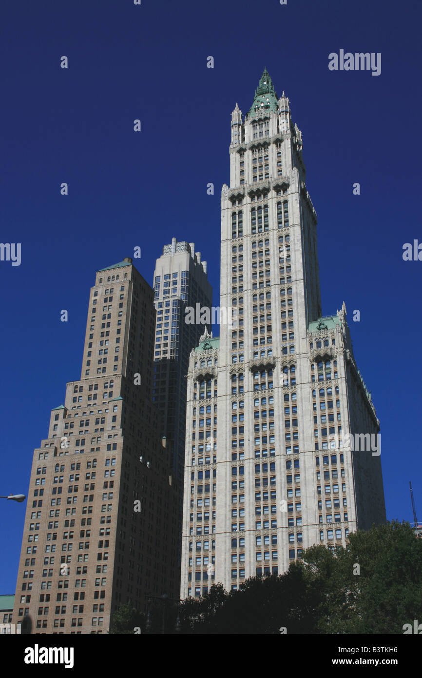 La parte inferiore di Manhattan architettura comprendente il Woolworth Building. Foto Stock