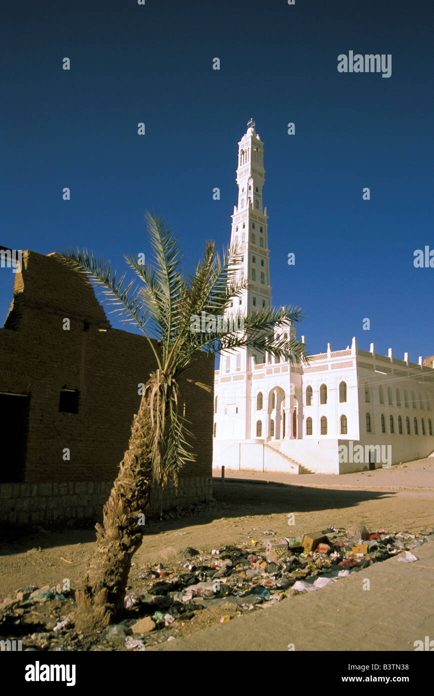 Asia, Yemen, Tarim. Al-Mudhar moschea e il cestino. Foto Stock
