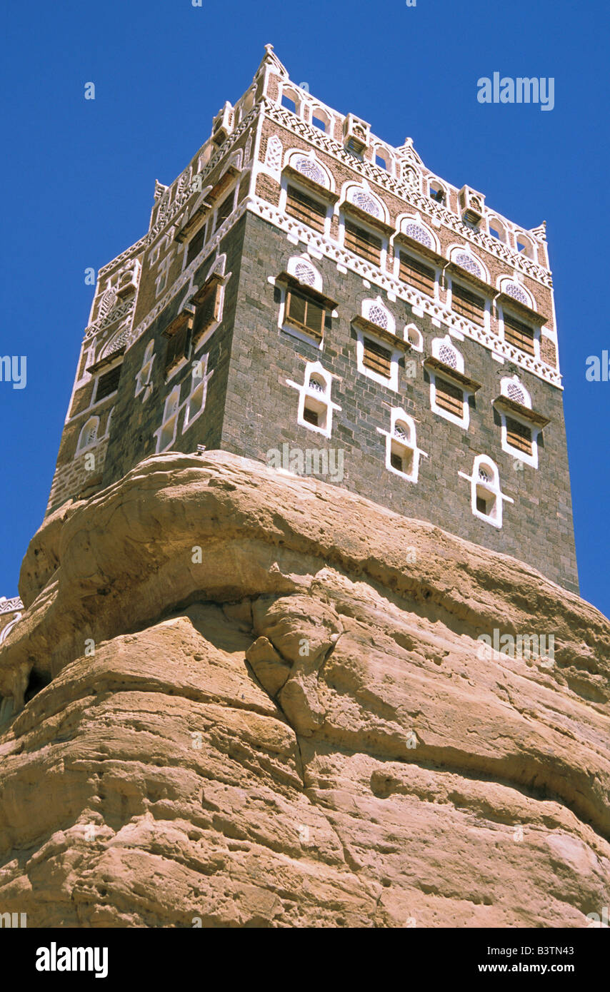 Asia, Yemen, Wadi Dhar. Rock Palace o Dar Al Harjar. Foto Stock