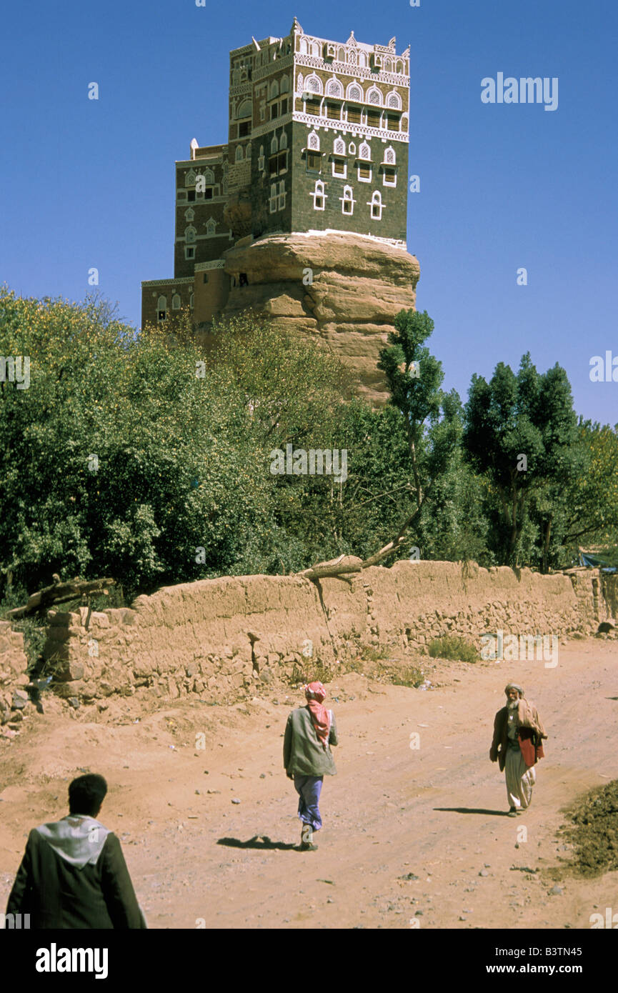 Asia, Yemen, Wadi Dhar. Rock Palace o Dar Al Hajar. Foto Stock